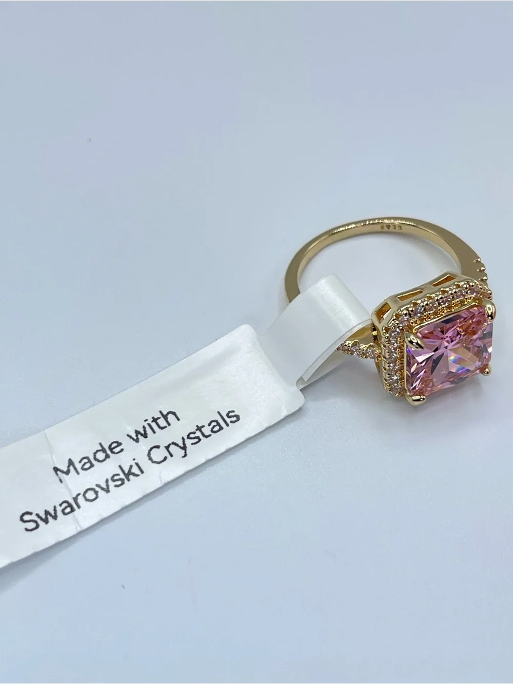 Swarovski Crystal Elements Pink Princess Cut Halo Art Deco Statement Ring Size 9